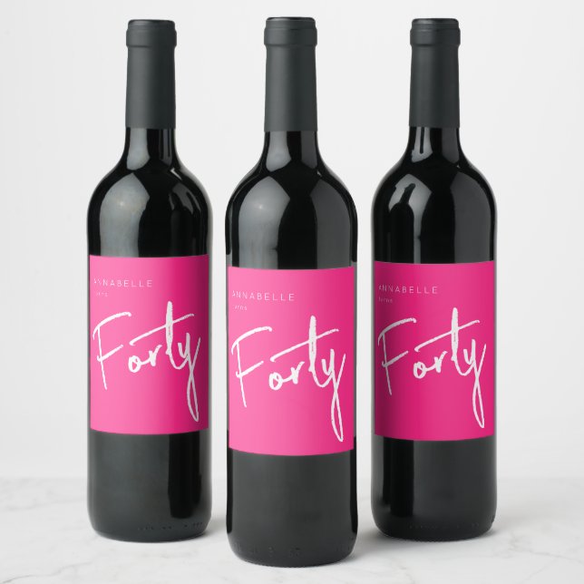 Modern 40th Forty Fortieth birthday pink Wine Label (Bottles)