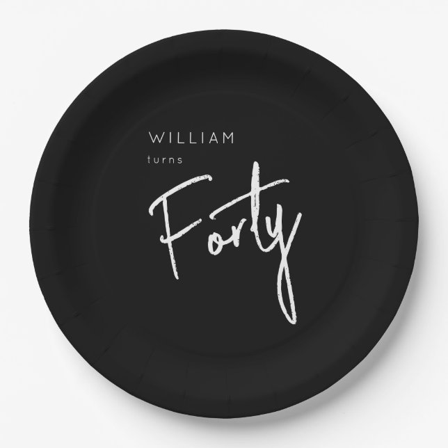 Modern 40th Forty Fortieth men's birthday black Paper Plate (Front)
