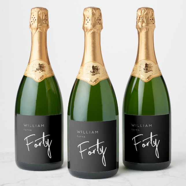 Modern 40th Forty Fortieth men's birthday black Sparkling Wine Label (Bottles)