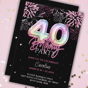 Modern 40th Pink Foil Balloon Fireworks Birthday Invitation