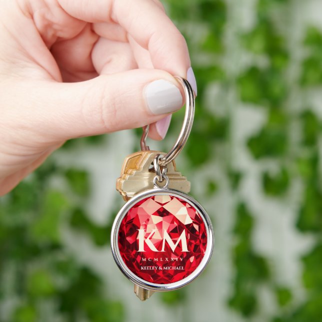 Modern 40th Wedding Anniversary Ruby Monogram  Key Ring (Hand)