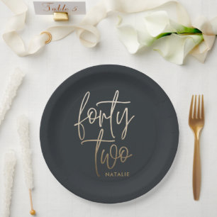 Modern 42nd birthday Black gold elegant script Inv Paper Plate