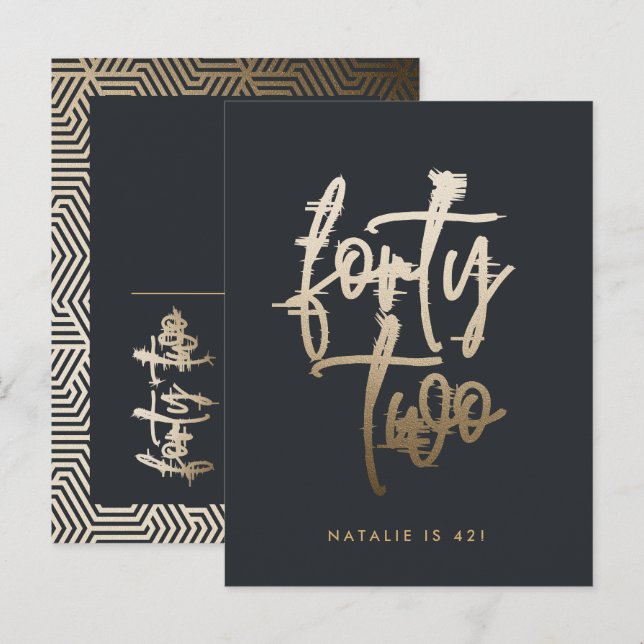 Modern 42nd birthday Black gold elegant script Invitation Postcard (Front/Back)
