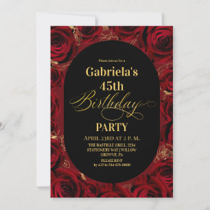  Modern 45th Birthday Elegant Black Gold Floral Invitation
