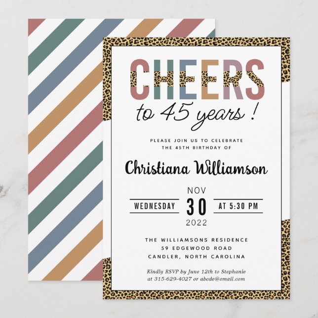 Modern 45th Birthday Party Leopard Print Elegant Invitation (Front/Back)