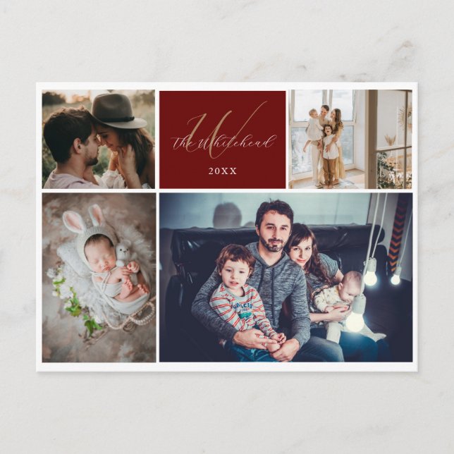 Modern 4 Family Photos Monogram Holiday Postcard (Front)