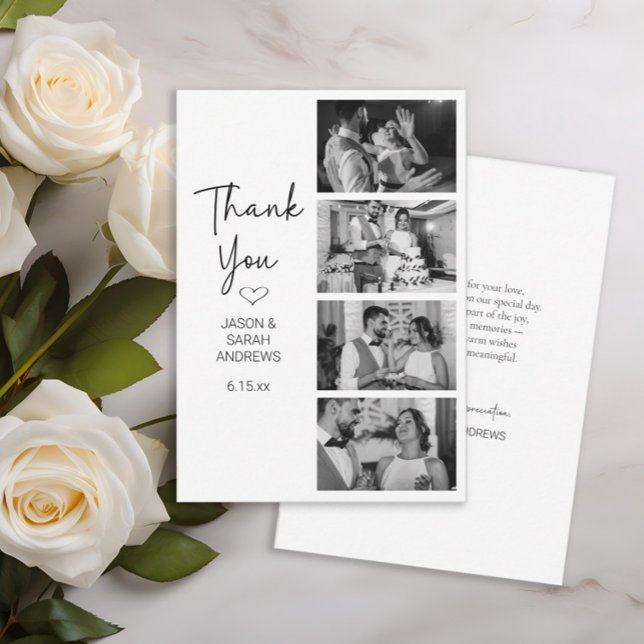 Modern 4 Photo Black White Filmstrip Wedding  Thank You Card (Modern black and white 4 photo filmstrip-style wedding thank you card)