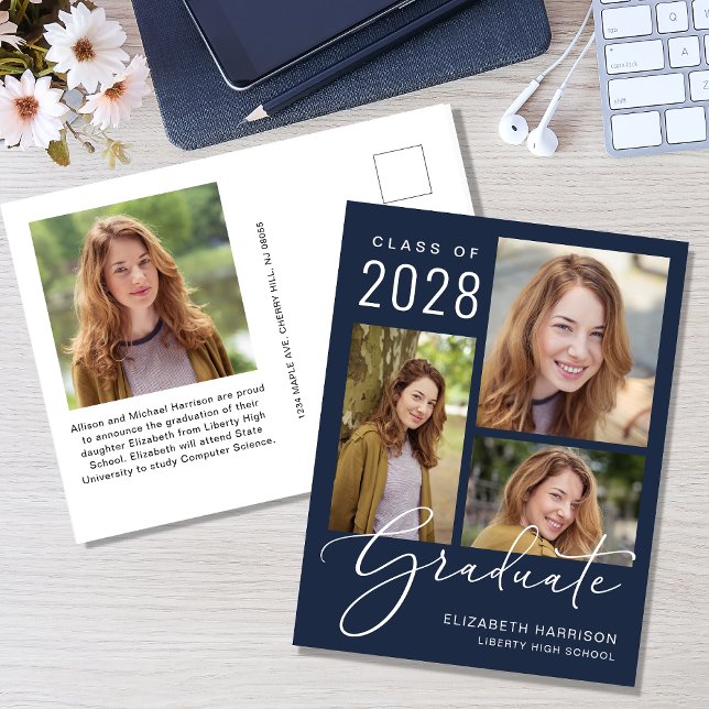 Modern 4 Photo Blue Graduation Announcement Postcard (An elegant photo collage graduation announcement postcard to celebrate the graduate's achievements)