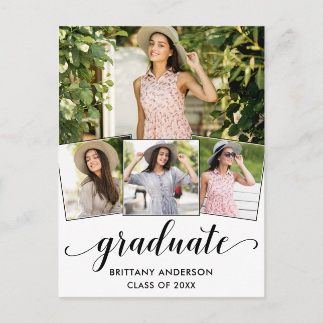 Modern 4 Photo Calligraphy Graduation Party Invitation Postcard (Front)