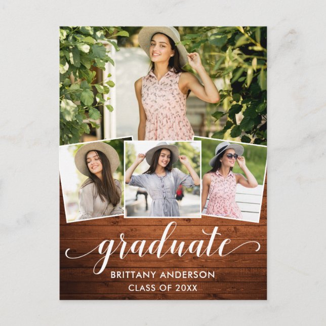 Modern 4 Photo Calligraphy Wood Graduation Party Invitation Postcard (Front)