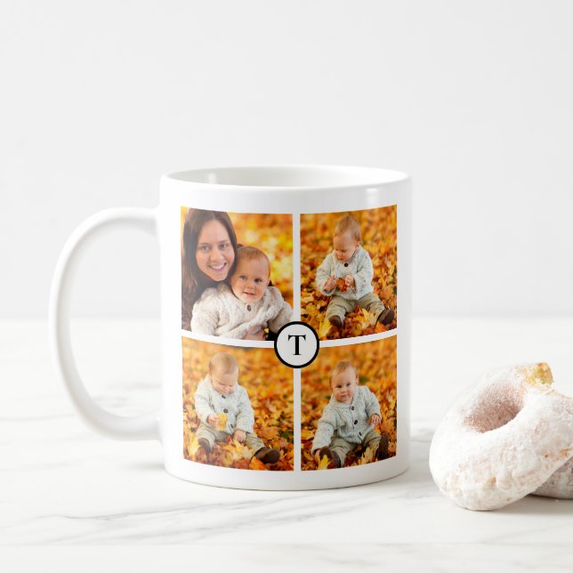 Modern 4 Photo Collage Black Monogram Coffee Mug (With Donut)