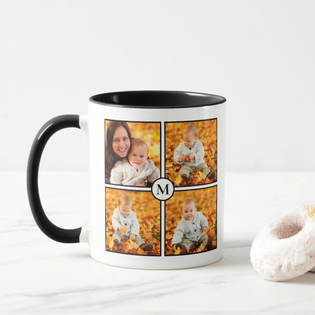 Modern 4 Photo Collage Black Monogram Mug (With Donut)