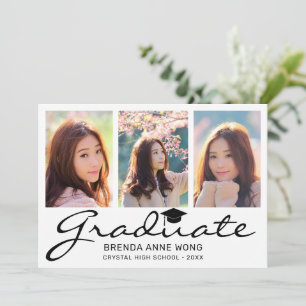 Modern 4 Photo Collage Black Script Graduation Announcement