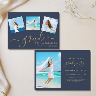 Modern 4 Photo Collage Blue Gold Graduation Party Invitation
