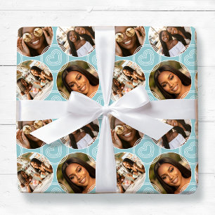 Modern 4 Photo Collage Circle Heart Pattern Blue Wrapping Paper