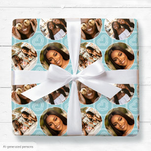 Modern 4 Photo Collage Circle Heart Pattern Blue Wrapping Paper