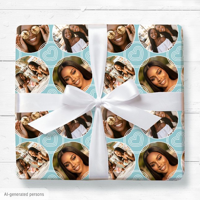 Modern 4 Photo Collage Circle Heart Pattern Blue Wrapping Paper (Creator Uploaded)