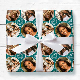 Modern 4 Photo Collage Circle Heart Pattern Green Wrapping Paper