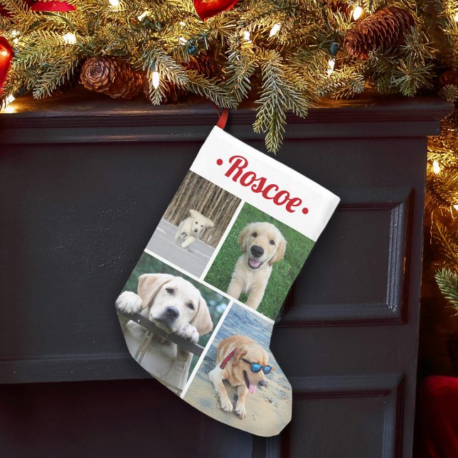 Modern 4 Photo Collage Cute Red Script Pet Name Small Christmas Stocking (Creator Uploaded)