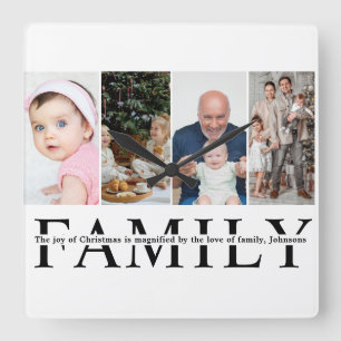 Modern 4 Photo Collage Family christmas quote Square Wall Clock
