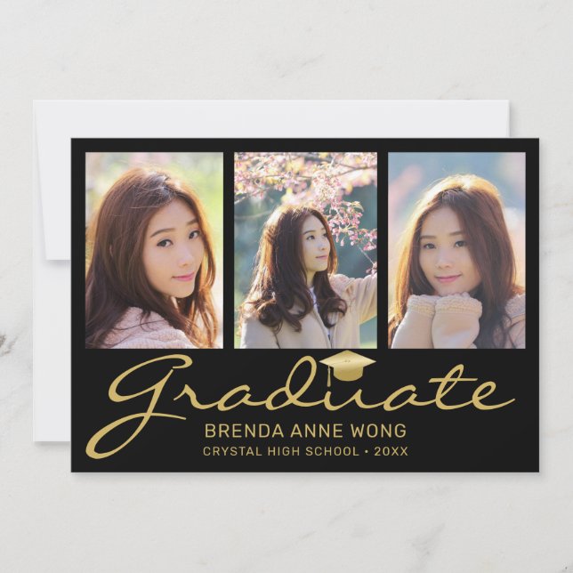 Modern 4 Photo Collage Gold Script Graduation Announcement (Front)