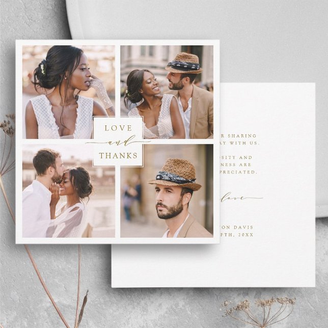 Modern 4 Photo Collage Gold Wedding Square Thank You Card (Front & Back)