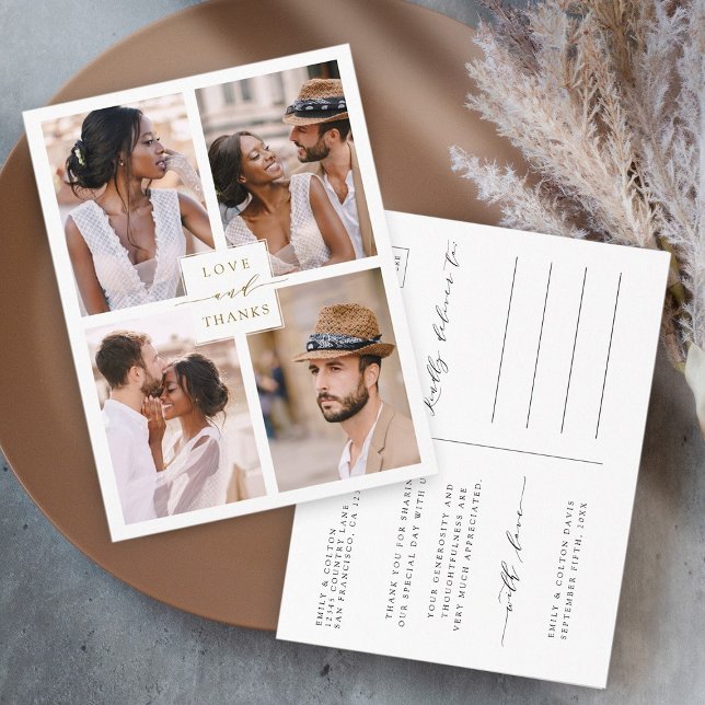 Modern 4 Photo Collage Gold Wedding Thank You Postcard (Front & Back)