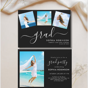 Modern 4 Photo Collage Graduation Party Black Invitation