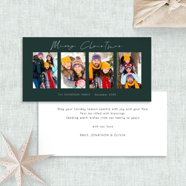 Modern 4 Photo Collage Green Christmas  Holiday Card (Front and back view)