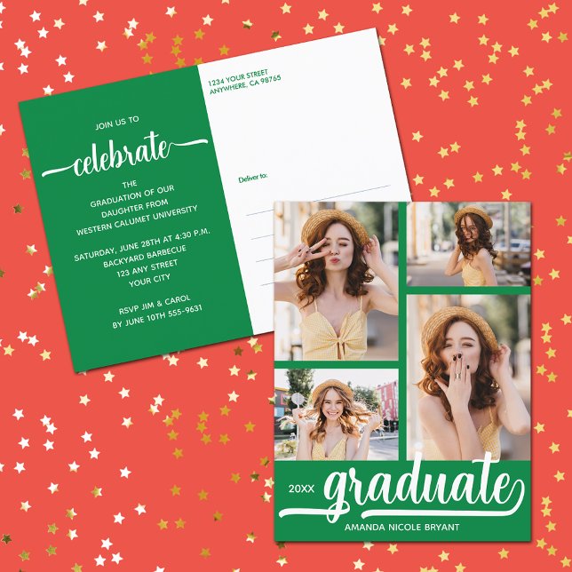 Modern 4 Photo Collage Green Graduate Invitation Postcard (4 Photo Collage Green Graduate Invitation Postcards)