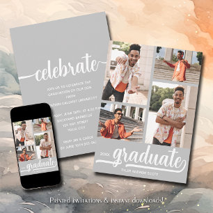 Modern 4 Photo Collage Grey Graduation Invitation