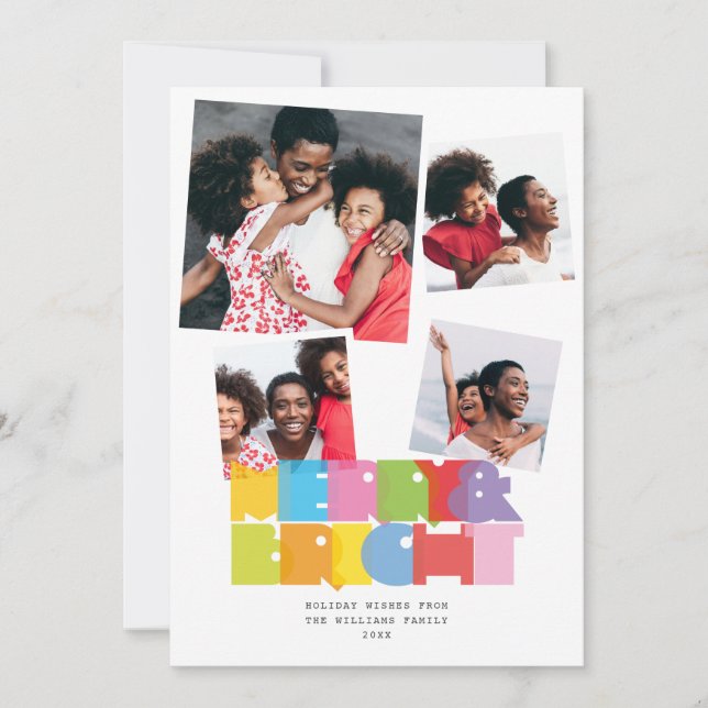Modern 4 Photo Collage Merry And Bright Christmas Holiday Card (Front)