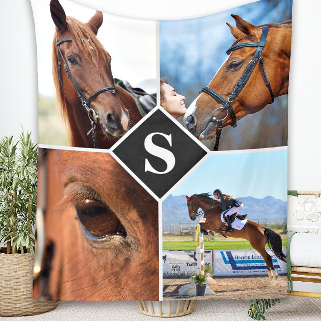 Modern 4 Photo Collage Monogram Pet Horse Lover Fleece Blanket (Creator Uploaded)