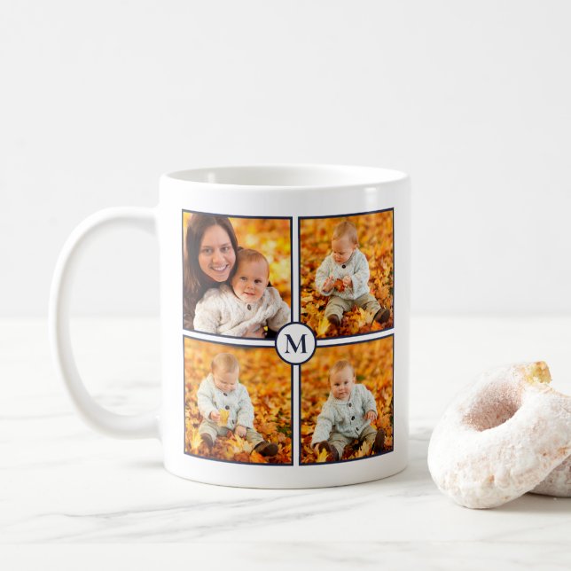 Modern 4 Photo Collage Navy Blue Monogram on White Coffee Mug (With Donut)