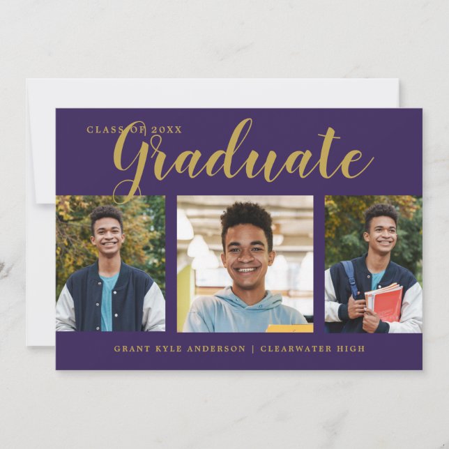 Modern 4 Photo Collage Purple Gold Graduation Announcement (Front)