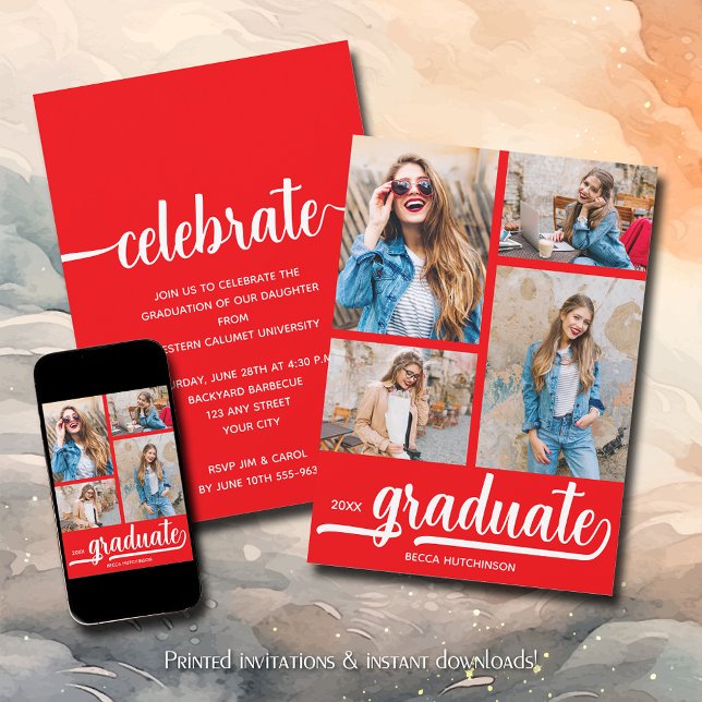 Modern 4 Photo Collage Red Graduation Invitation (Modern 4 photo collage red graduation party invitations)