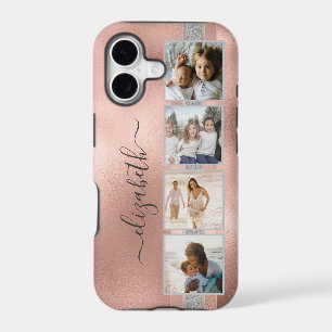 Modern 4 Photo Collage Rose Gold Name