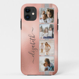 Modern 4 Photo Collage Rose Gold Name iPhone 11 Case