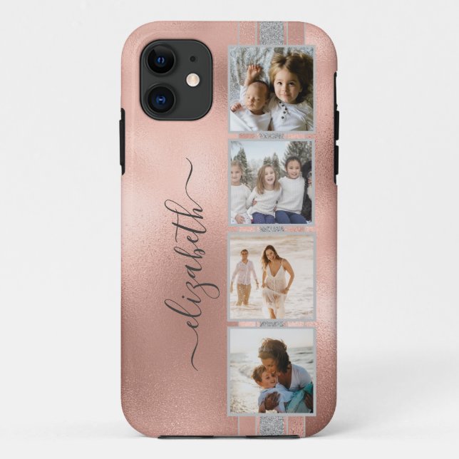Modern 4 Photo Collage Rose Gold Name Case-Mate iPhone Case (Back)
