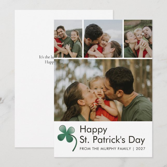 Modern 4 Photo Collage St Patricks Day Family Holiday Card (Front/Back)