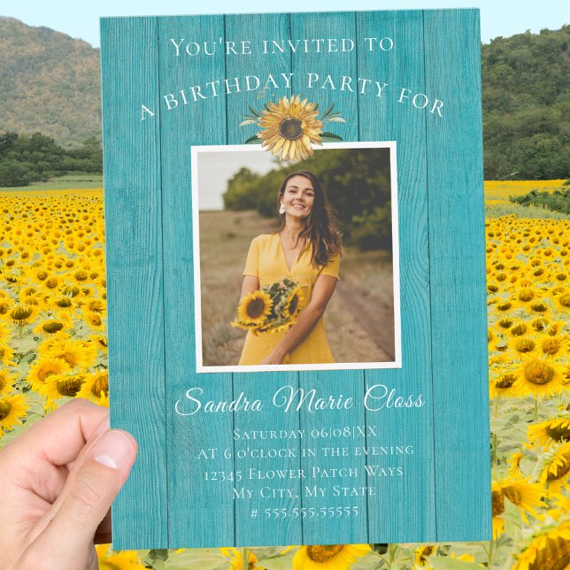 Modern 4 Photo Collage Sunflower Birthday Party Announcement (Creator Uploaded)