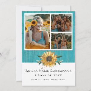 Modern 4 Photo Collage Sunflower graduation Announ Announcement
