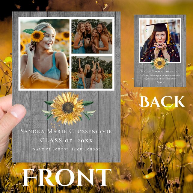 Modern 4 Photo Collage Sunflower graduation  Announcement (Creator Uploaded)