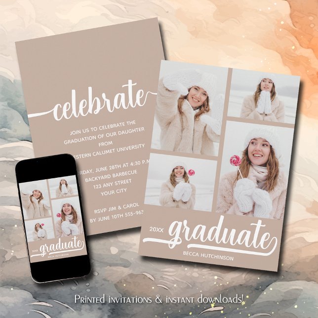 Modern 4 Photo Collage Taupe Graduation Invitation (Modern 4 photo collage taupe-beige graduation party invitations)