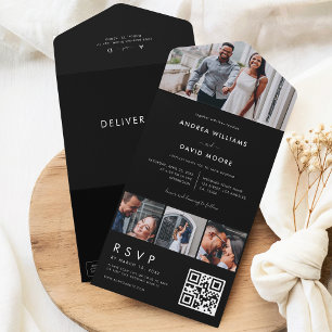 Modern 4 Photo Collage Typography Black Wedding All In One Invitation
