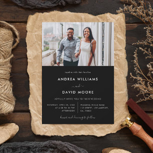 Modern 4 Photo Collage Typography Black Wedding Invitation