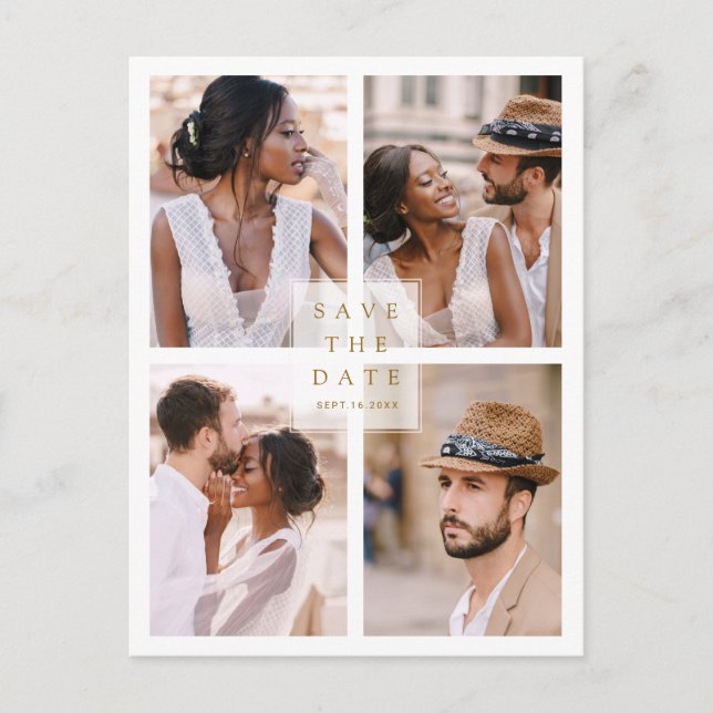 Modern 4 Photo Collage Wedding Gold Save The Date Announcement Postcard (Front)