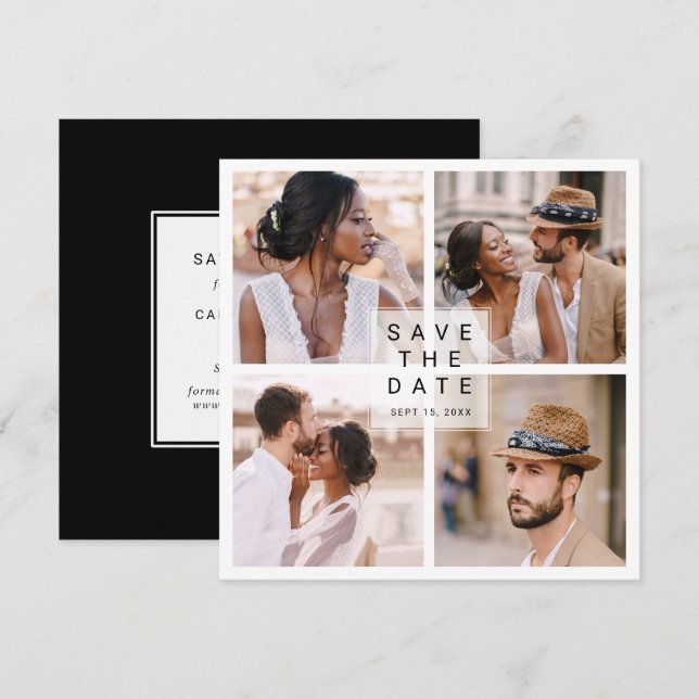 Modern 4 Photo Collage Wedding Square Save The Date (Front/Back)