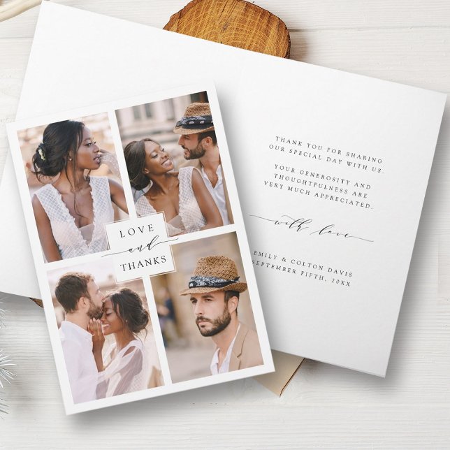 Modern 4 Photo Collage Wedding Thank You Card (Front & Inside)