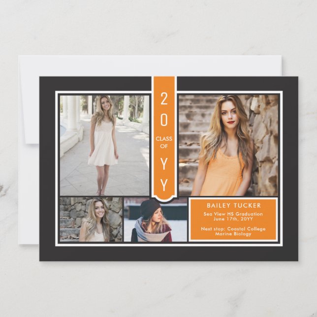 Modern 4-Photo College Orange and Black Graduation Announcement (Front)